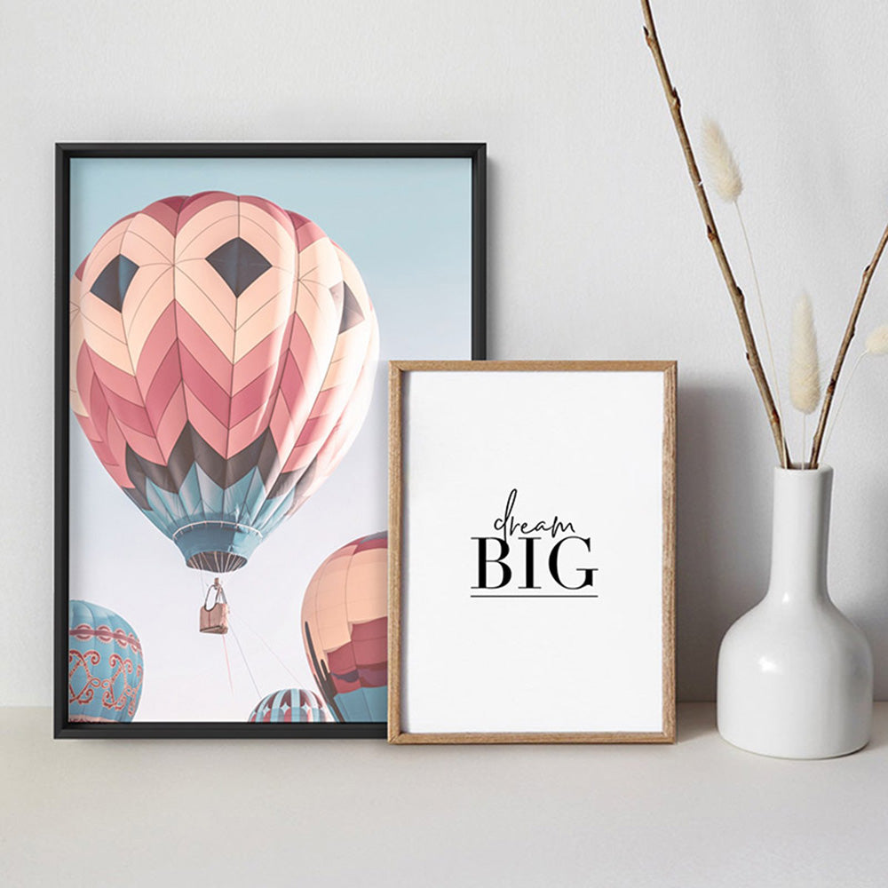 Hot Air Balloons in Vivid Pastels  - Art Print, Poster, Stretched Canvas or Framed Wall Art, shown framed in a home interior space