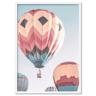 Hot Air Balloons in Vivid Pastels  - Art Print, Poster, Stretched Canvas, or Framed Wall Art Print, shown in a white frame