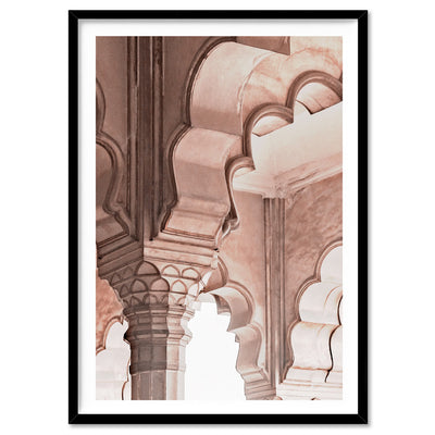 Agra Ornate Arches in Blush II  - Art Print, Poster, Stretched Canvas, or Framed Wall Art Print, shown in a black frame