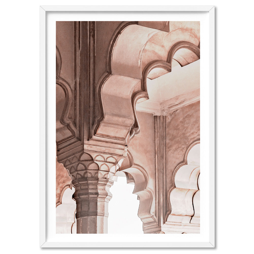 Agra Ornate Arches in Blush II  - Art Print, Poster, Stretched Canvas, or Framed Wall Art Print, shown in a white frame