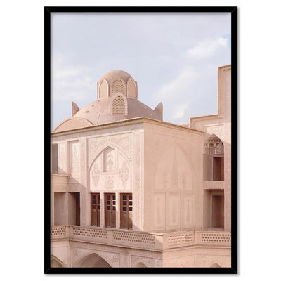 Moroccan Blush Balcony Views - Art Print, Poster, Stretched Canvas, or Framed Wall Art Print, shown in a black frame