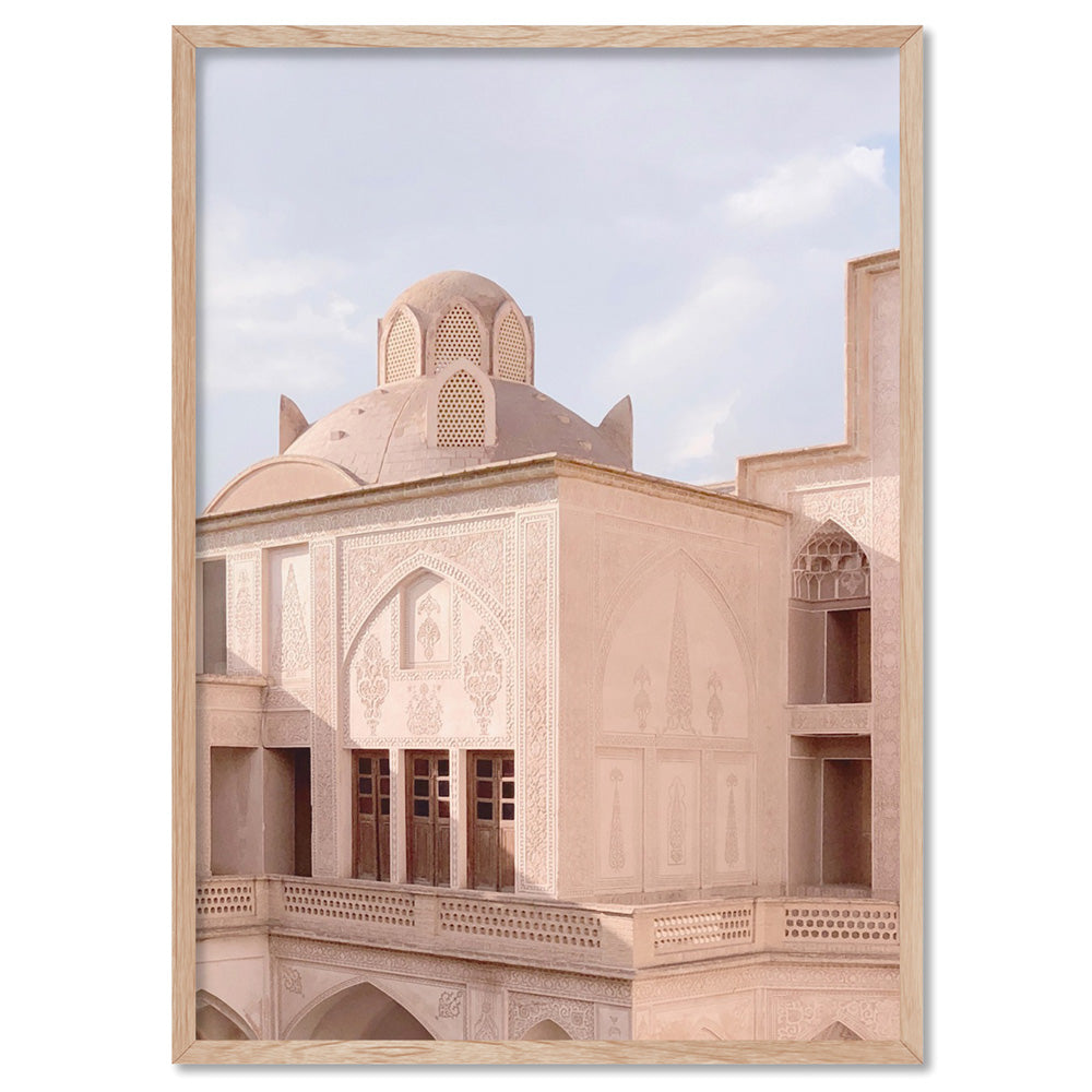Moroccan Blush Balcony Views - Art Print, Poster, Stretched Canvas, or Framed Wall Art Print, shown in a natural timber frame