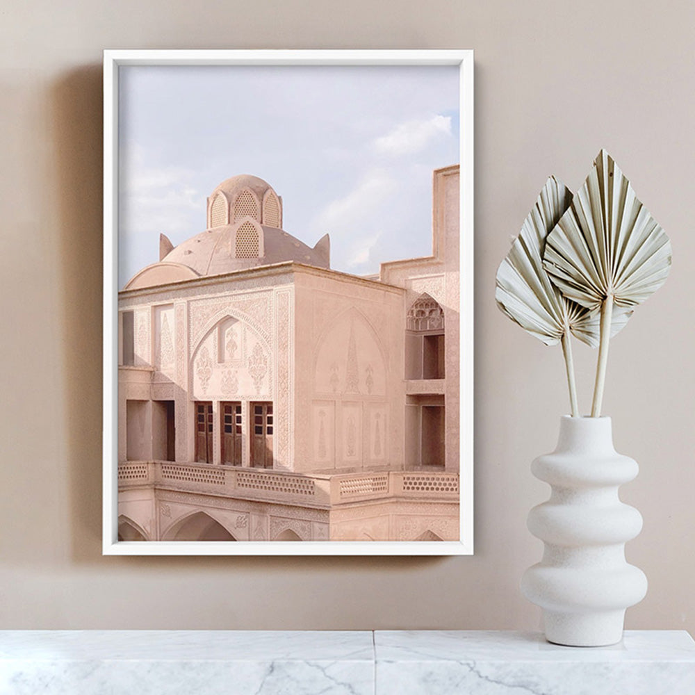 Moroccan Blush Balcony Views - Art Print, Poster, Stretched Canvas or Framed Wall Art, shown framed in a room