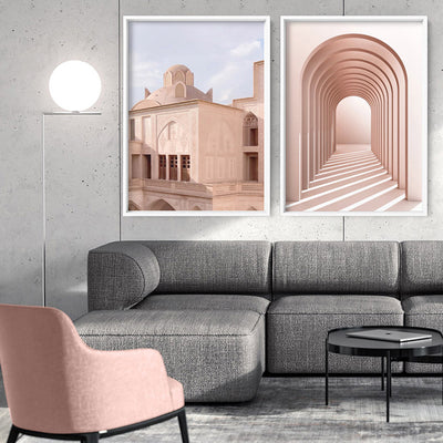 Moroccan Blush Balcony Views - Art Print, Poster, Stretched Canvas or Framed Wall Art, shown framed in a home interior space