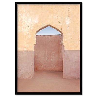 Moroccan Arch Doorway in the Desert - Art Print, Poster, Stretched Canvas, or Framed Wall Art Print, shown in a black frame