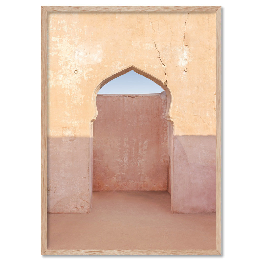 Moroccan Arch Doorway in the Desert - Art Print, Poster, Stretched Canvas, or Framed Wall Art Print, shown in a natural timber frame