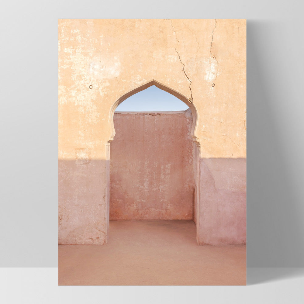 Moroccan Arch Doorway in the Desert - Art Print, Poster, Stretched Canvas, or Framed Wall Art Print, shown as a stretched canvas or poster without a frame
