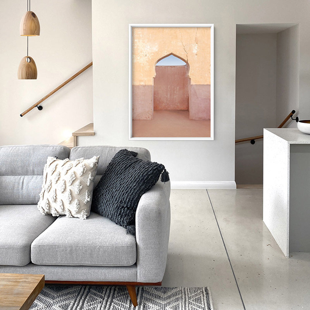 Moroccan Arch Doorway in the Desert - Art Print, Poster, Stretched Canvas or Framed Wall Art, shown framed in a room