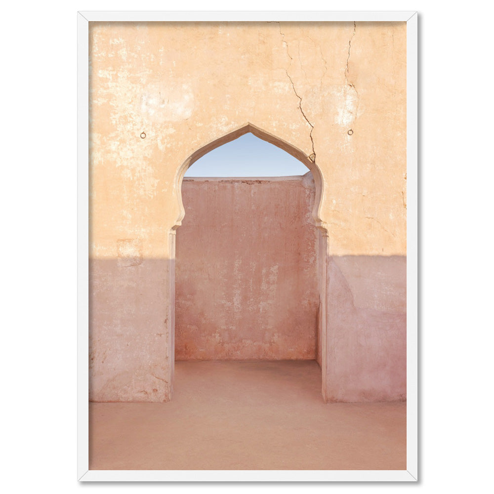 Moroccan Arch Doorway in the Desert - Art Print, Poster, Stretched Canvas, or Framed Wall Art Print, shown in a white frame