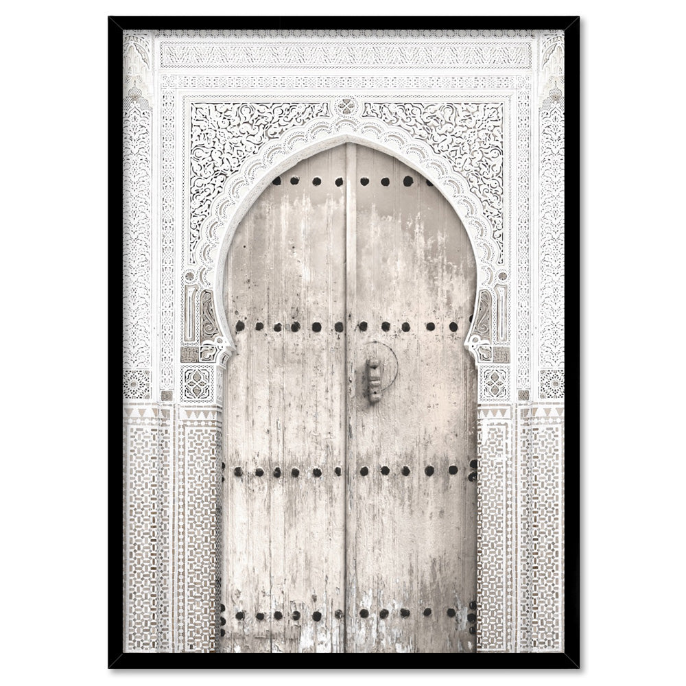 Doorway in Neutral Tones Morocco - Art Print, Poster, Stretched Canvas, or Framed Wall Art Print, shown in a black frame