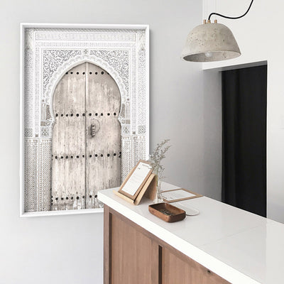 Doorway in Neutral Tones Morocco - Art Print, Poster, Stretched Canvas or Framed Wall Art, shown framed in a room