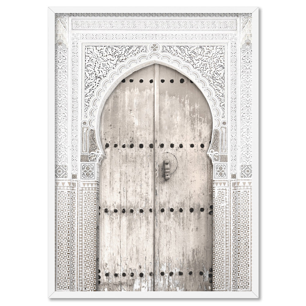 Doorway in Neutral Tones Morocco - Art Print, Poster, Stretched Canvas, or Framed Wall Art Print, shown in a white frame
