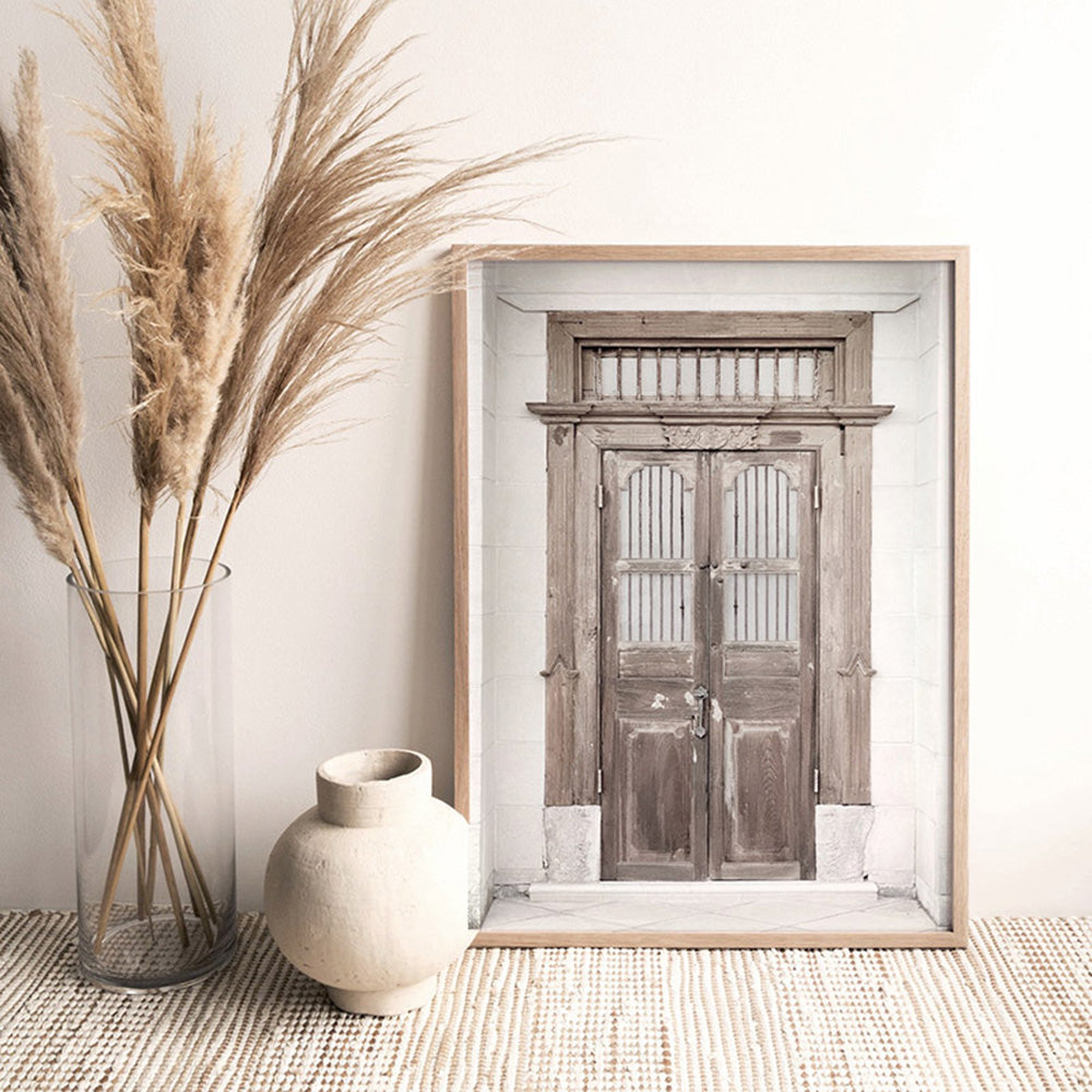 Balinese Carved Wooden Doorway - Art Print, Poster, Stretched Canvas or Framed Wall Art, shown framed in a room