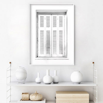 White on White Coastal Window - Art Print, Poster, Stretched Canvas or Framed Wall Art Prints, shown framed in a room