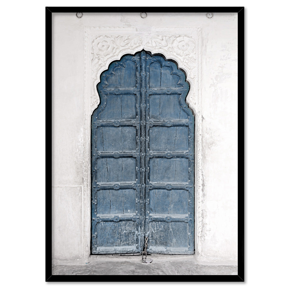 Ornate Arch Door in Blue - Art Print, Poster, Stretched Canvas, or Framed Wall Art Print, shown in a black frame