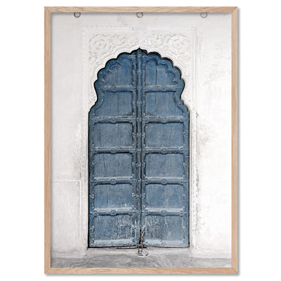 Ornate Arch Door in Blue - Art Print, Poster, Stretched Canvas, or Framed Wall Art Print, shown in a natural timber frame