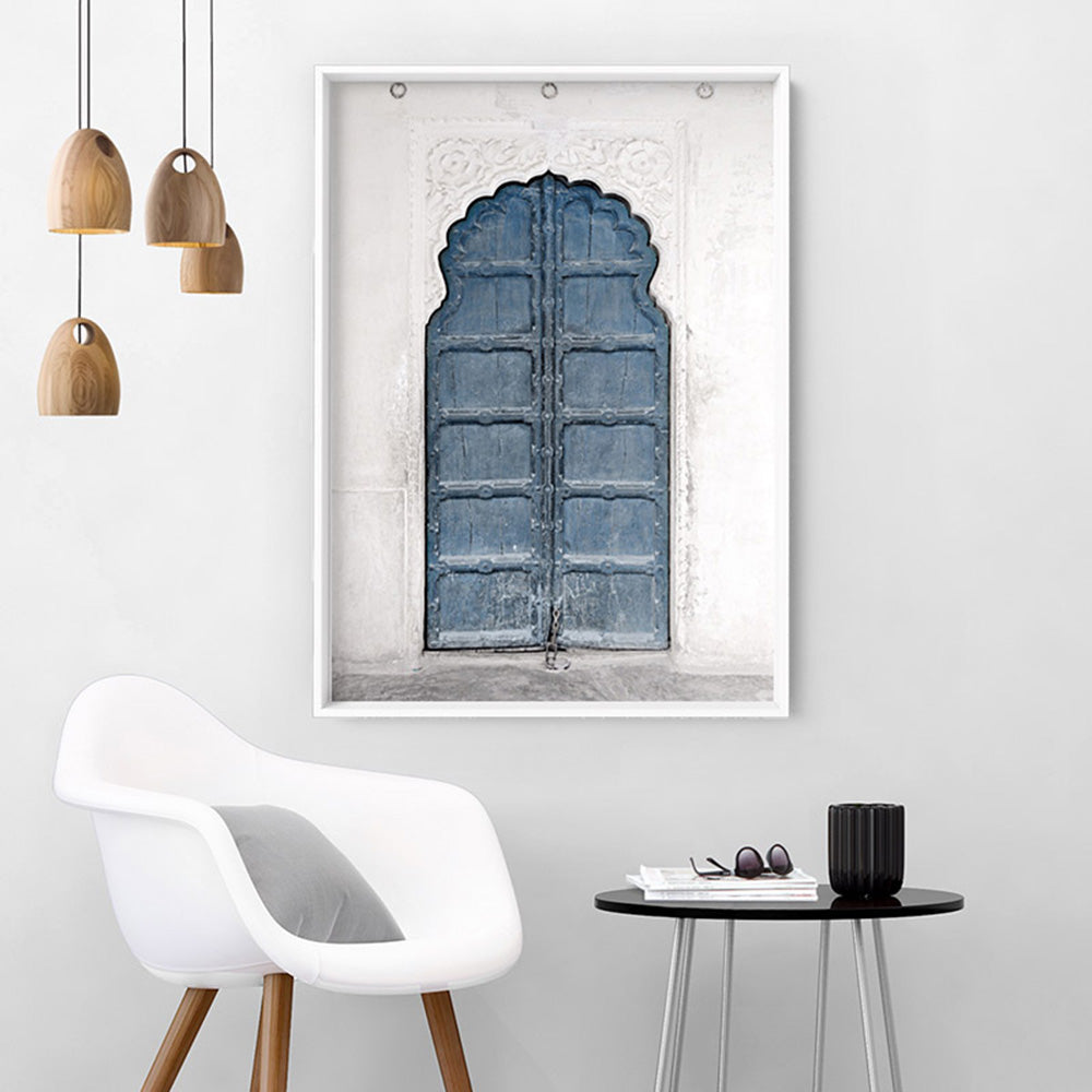 Ornate Arch Door in Blue - Art Print, Poster, Stretched Canvas or Framed Wall Art Prints, shown framed in a room