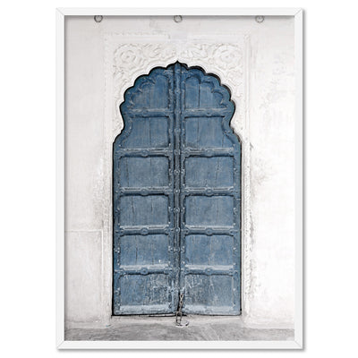 Ornate Arch Door in Blue - Art Print, Poster, Stretched Canvas, or Framed Wall Art Print, shown in a white frame