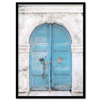 Arch Blue Doorway in Greece - Art Print, Poster, Stretched Canvas, or Framed Wall Art Print, shown in a black frame