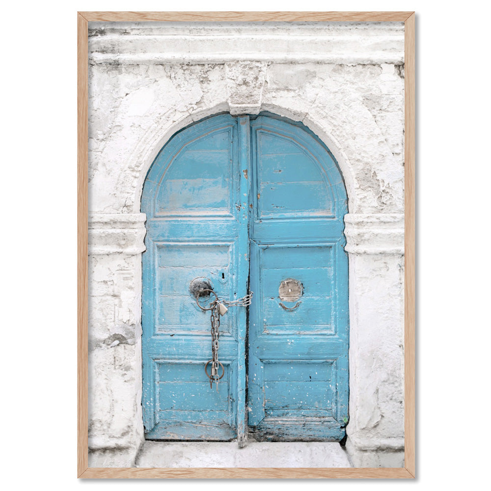 Arch Blue Doorway in Greece - Art Print, Poster, Stretched Canvas, or Framed Wall Art Print, shown in a natural timber frame