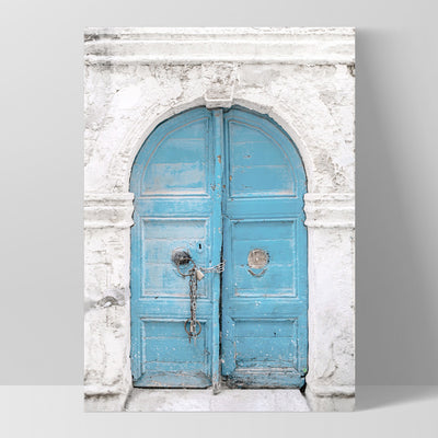 Arch Blue Doorway in Greece - Art Print, Poster, Stretched Canvas, or Framed Wall Art Print, shown as a stretched canvas or poster without a frame