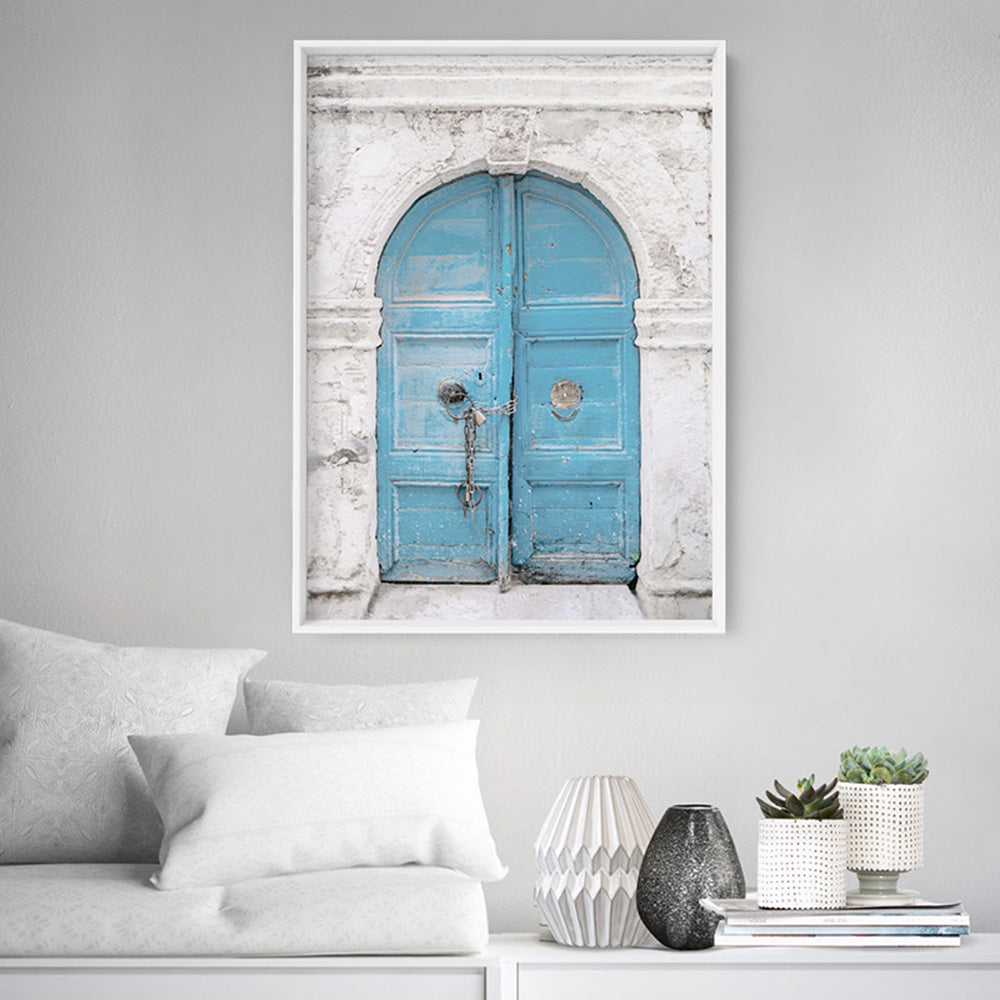 Arch Blue Doorway in Greece - Art Print, Poster, Stretched Canvas or Framed Wall Art, shown framed in a room