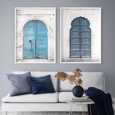 Arch Blue Doorway in Greece - Art Print, Poster, Stretched Canvas or Framed Wall Art, shown framed in a home interior space