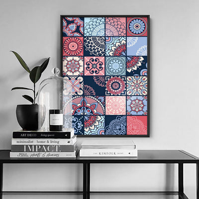 Moroccan Geo Tile Mosaic - Art Print, Poster, Stretched Canvas or Framed Wall Art, shown framed in a room