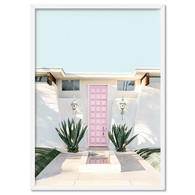 Palm Springs | Pink Door - Art Print, Poster, Stretched Canvas, or Framed Wall Art Print, shown in a white frame