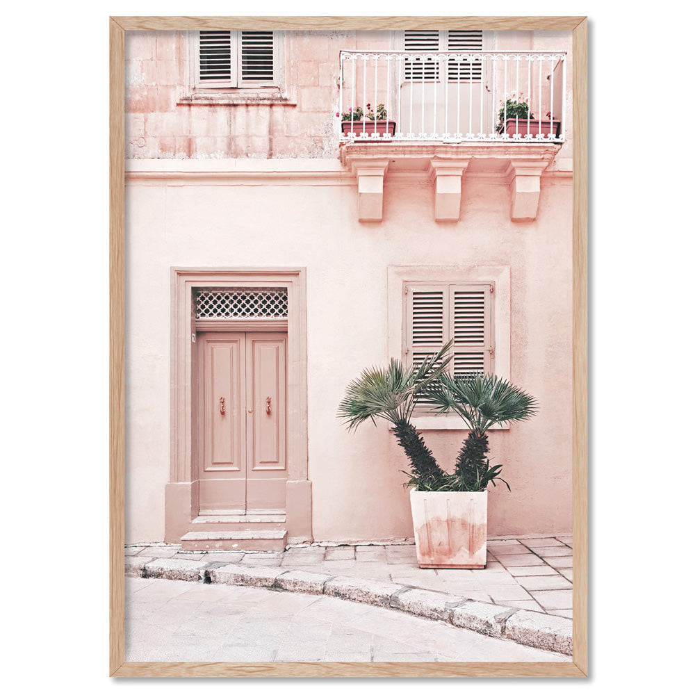 Boho Blush Terrace - Art Print, Poster, Stretched Canvas, or Framed Wall Art Print, shown in a natural timber frame