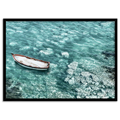 Capri Island Boat II Landscape - Art Print, Poster, Stretched Canvas, or Framed Wall Art Print, shown in a black frame
