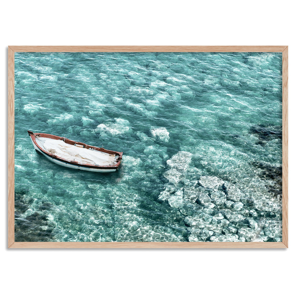 Capri Island Boat II Landscape - Art Print, Poster, Stretched Canvas, or Framed Wall Art Print, shown in a natural timber frame