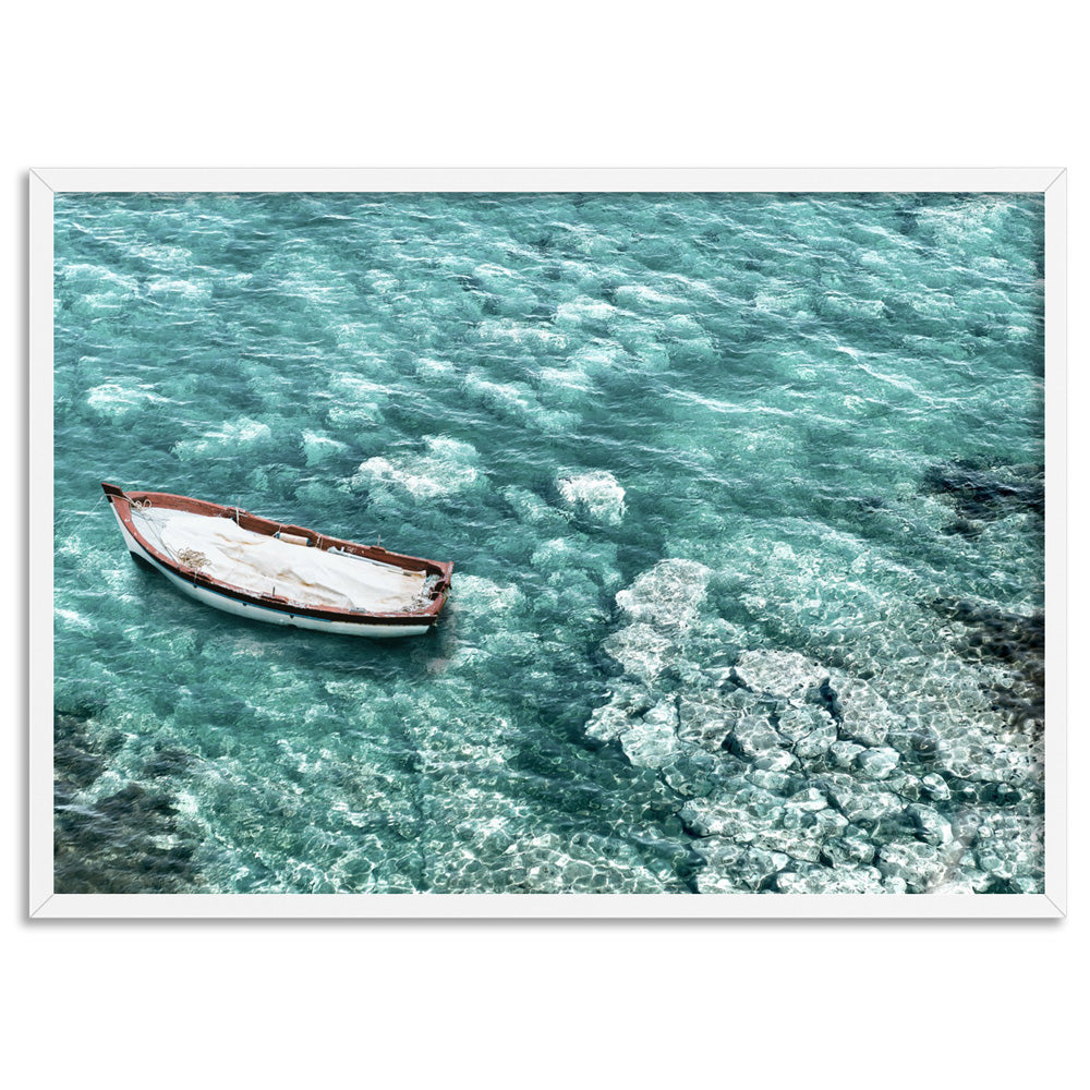 Capri Island Boat II Landscape - Art Print, Poster, Stretched Canvas, or Framed Wall Art Print, shown in a white frame
