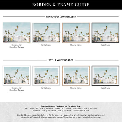 Palm Springs | Mid Century Abodes - Art Print, Poster, Stretched Canvas or Framed Wall Art, Showing White , Black, Natural Frame Colours, No Frame (Unframed) or Stretched Canvas, and With or Without White Borders