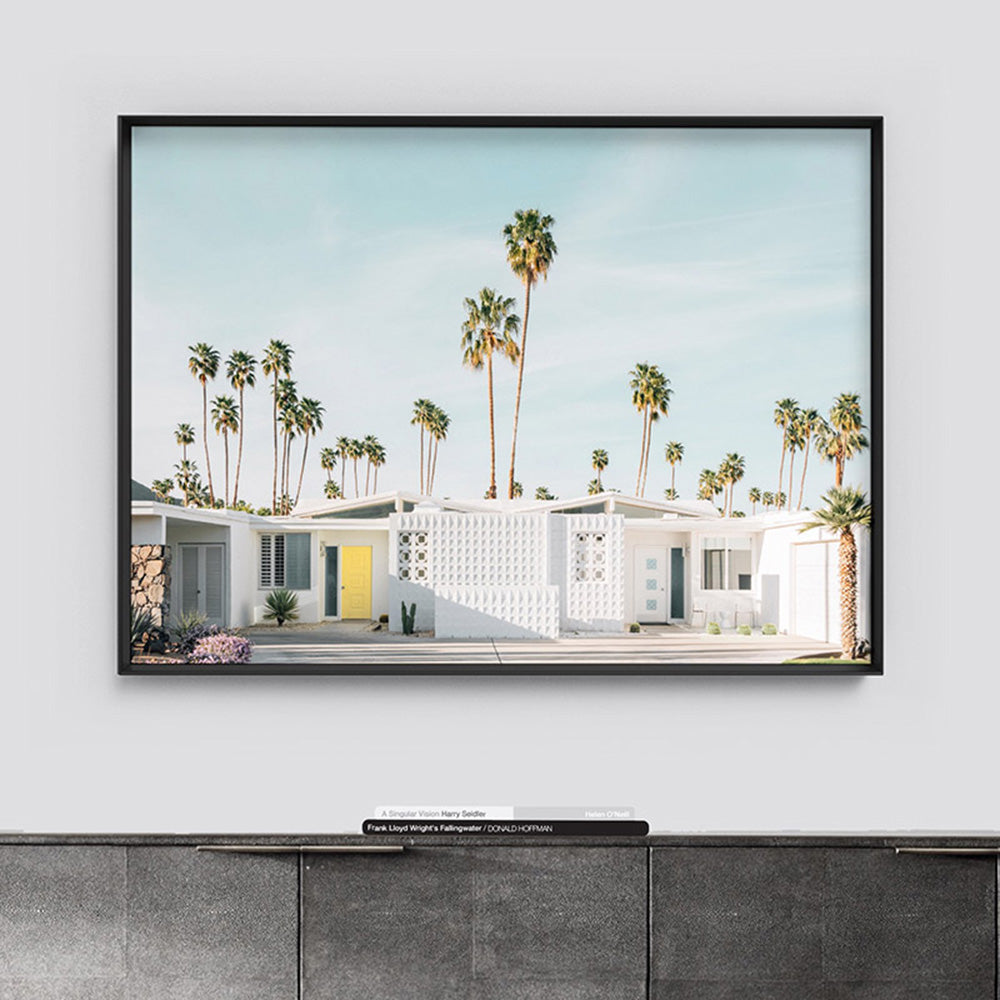 Palm Springs | Mid Century Abodes - Art Print, Poster, Stretched Canvas or Framed Wall Art, shown framed in a home interior space