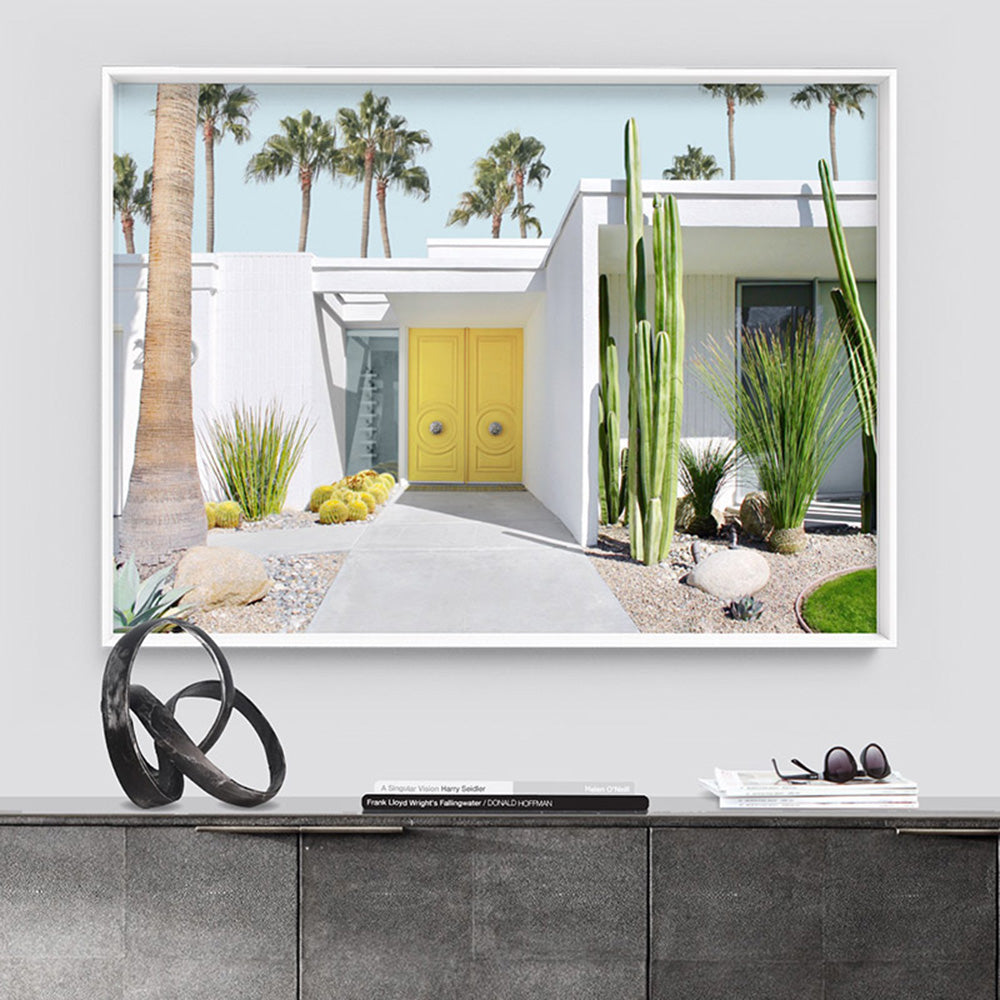 Palm Springs | Yellow Door II Landscape - Art Print, Poster, Stretched Canvas or Framed Wall Art, shown framed in a room