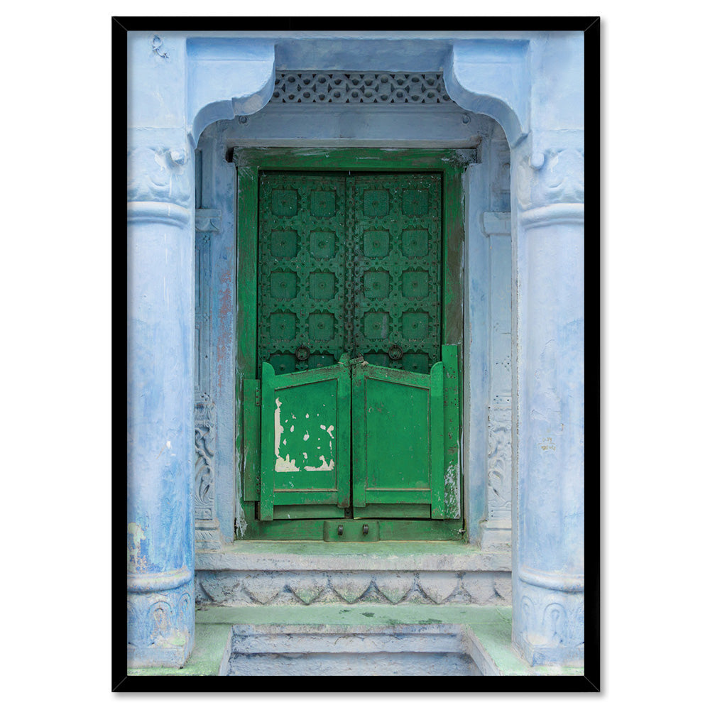 Green Doorway Jodhpur - Art Print, Poster, Stretched Canvas, or Framed Wall Art Print, shown in a black frame