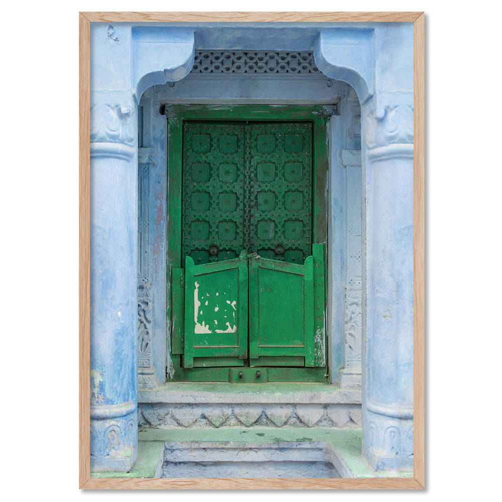 Green Doorway Jodhpur - Art Print, Poster, Stretched Canvas, or Framed Wall Art Print, shown in a natural timber frame