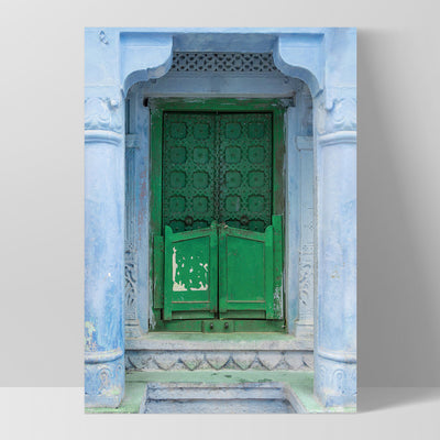 Green Doorway Jodhpur - Art Print, Poster, Stretched Canvas, or Framed Wall Art Print, shown as a stretched canvas or poster without a frame