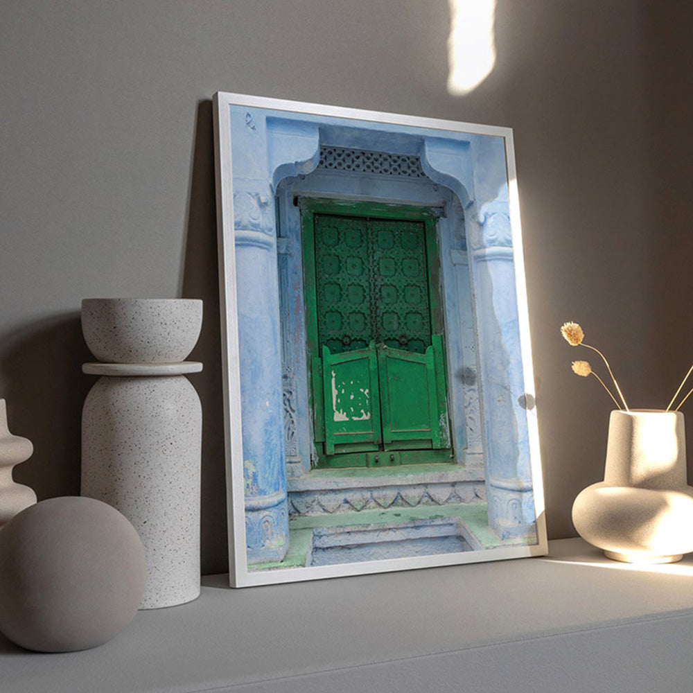Green Doorway Jodhpur - Art Print, Poster, Stretched Canvas or Framed Wall Art Prints, shown framed in a room