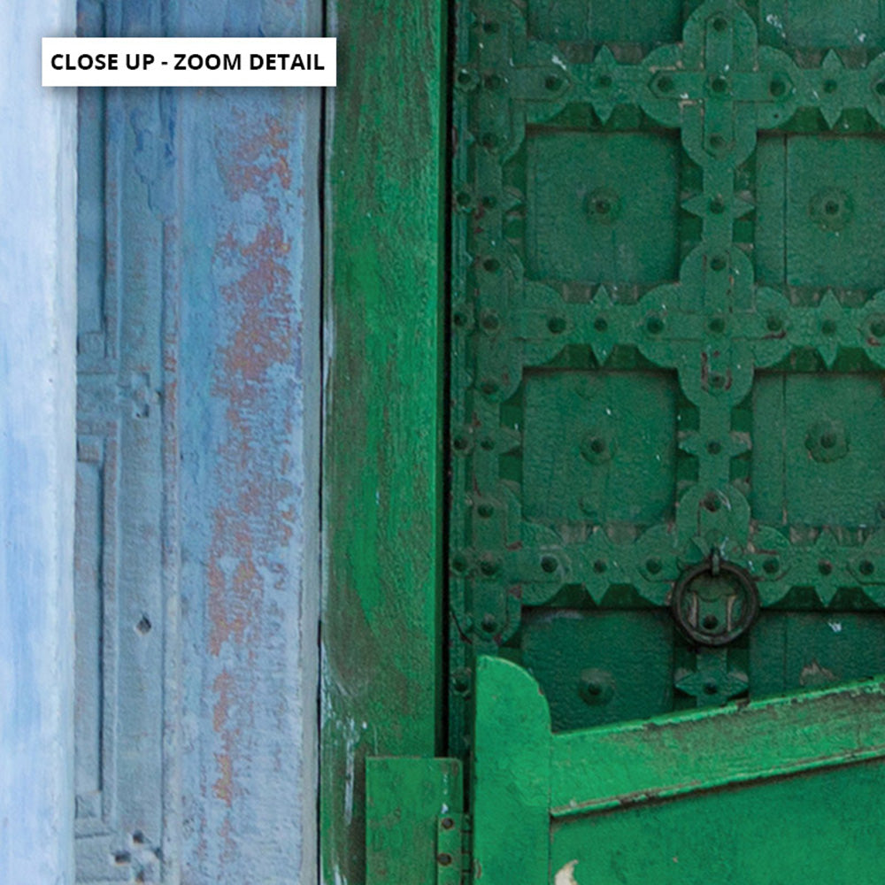 Green Doorway Jodhpur - Art Print, Poster, Stretched Canvas or Framed Wall Art, Close up View of Print Resolution
