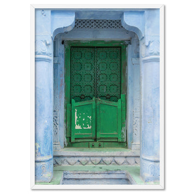 Green Doorway Jodhpur - Art Print, Poster, Stretched Canvas, or Framed Wall Art Print, shown in a white frame