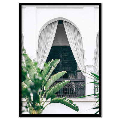 Arched Balcony View Morocco - Art Print, Poster, Stretched Canvas, or Framed Wall Art Print, shown in a black frame