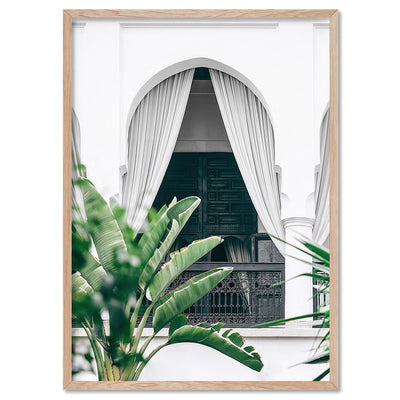 Arched Balcony View Morocco - Art Print, Poster, Stretched Canvas, or Framed Wall Art Print, shown in a natural timber frame