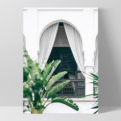 Arched Balcony View Morocco - Art Print, Poster, Stretched Canvas, or Framed Wall Art Print, shown as a stretched canvas or poster without a frame