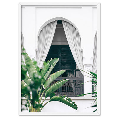 Arched Balcony View Morocco - Art Print, Poster, Stretched Canvas, or Framed Wall Art Print, shown in a white frame