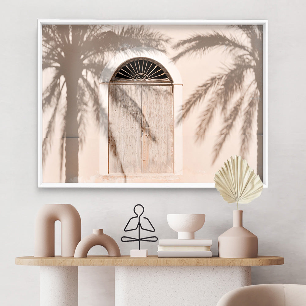Boho Pastel Palm Shadows - Art Print, Poster, Stretched Canvas or Framed Wall Art, shown framed in a room