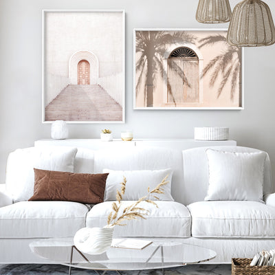 Boho Pastel Palm Shadows - Art Print, Poster, Stretched Canvas or Framed Wall Art, shown framed in a home interior space
