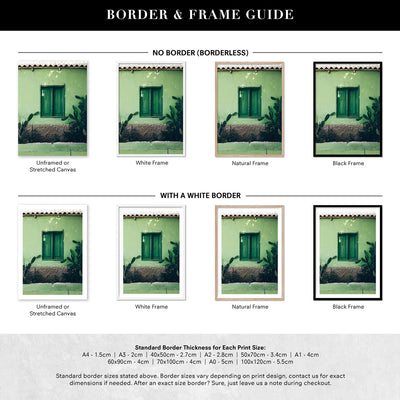 Green Villa Shutters - Art Print, Poster, Stretched Canvas or Framed Wall Art, Showing White , Black, Natural Frame Colours, No Frame (Unframed) or Stretched Canvas, and With or Without White Borders