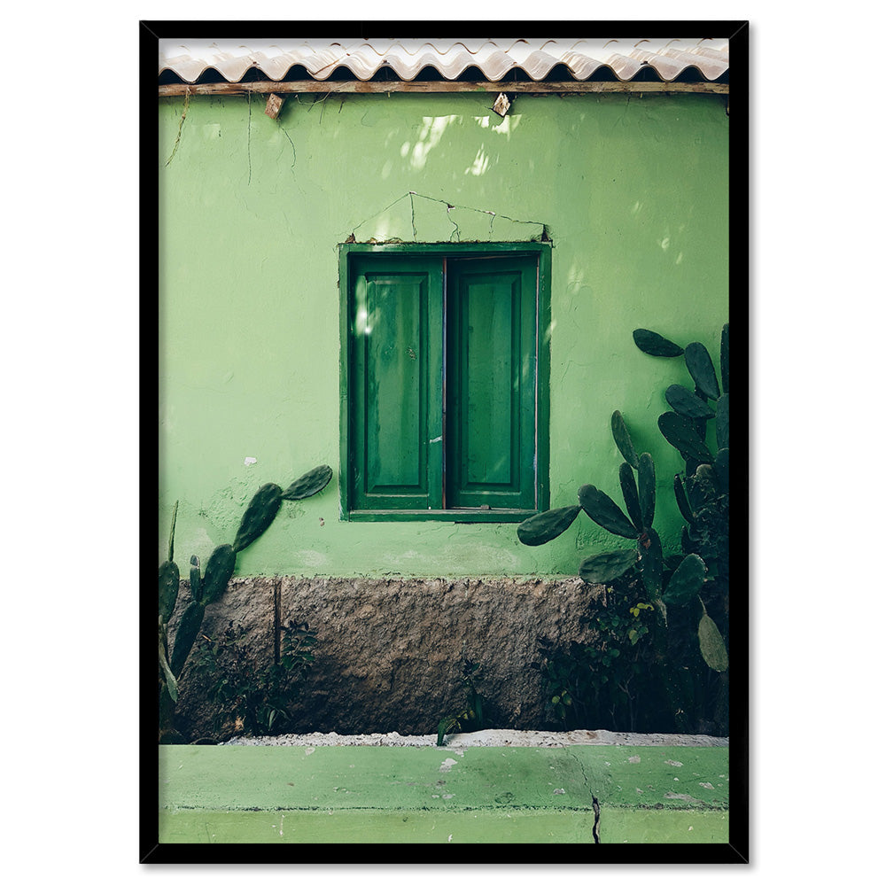 Green Villa Shutters - Art Print, Poster, Stretched Canvas, or Framed Wall Art Print, shown in a black frame